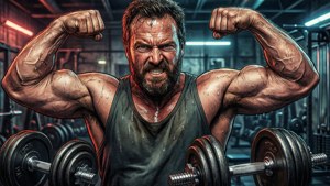 Mac memamerkan ototnya di gym, siap untuk bertarung.
