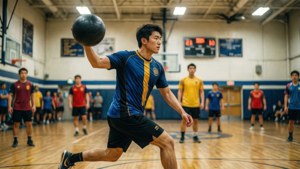 Mac kaster en dodgeball i en gymsal i et frosset øyeblikk