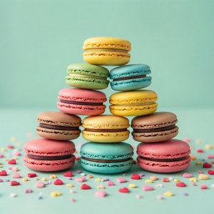 Värikkäitä macaroneja sydänkoristeilla makeaa ja söpöä taustaa varten.