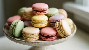 Bakgrundsbild med färgglada macarons, delikata och aromatiska.