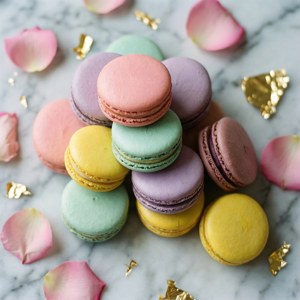 Ein flaches Arrangement von pastellfarbenen Macarons auf Marmor mit Rosenblättern, zart und künstlerisch.
