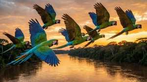 Une volée d'aras hyacinthes colorés survolant le fleuve Amazone au coucher du soleil.