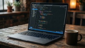 Cozy desk setup with MacBook Pro showing dark mode coding interface
