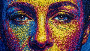 Et abstrakt makrobilde av et pointillistisk ansikt laget av rene fargeprikker.