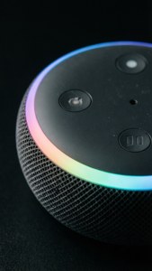 Close-up of Echo Dot's colorful light ring.