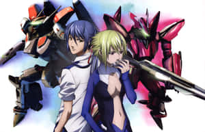 Två anime-karaktärer poserar med mechs i en livfull sci-fi-scen. — Parrilla Bakgrundsbilder