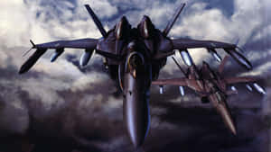 Two fighter jets flying through a stormy sky with missiles attached. — Macross Background