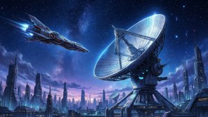 Wallpaper menakjubkan dengan pesawat luar angkasa di atas kota futuristik dengan piringan satelit, terinspirasi dari gaya Satelight Animation Company.