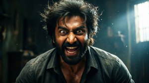 Intense close-up van Rocky uit KGF Hoofdstuk 1 die lacht met krankzinnige energie en dramatische belichting.