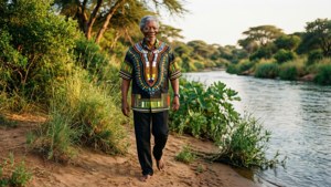Avslappet portrett av Mandela i fargerik skjorte ved en elv i naturen