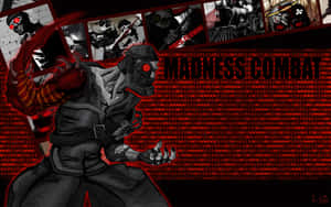 Anime fighter with red glowing eyes and helmet against red binary code background. — Madness Combat Picture