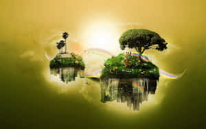 Floating islands with trees and a deer connected by a rainbow over a mirrored city. — Magi The Labyrinth Of Magic Wallpaper