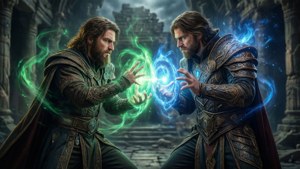 Inquisitor and Dorian casting spells in a ruined temple — Dragon Age Inquisition Picture