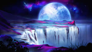 A person gazes at a glowing waterfall under a giant blue moon in a cosmic scene.