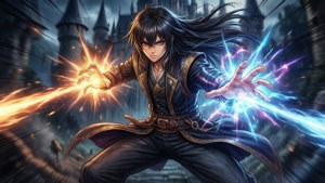 Minene Uryuu unleashing a burst of magical energy in a dark castle setting.