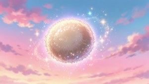 Um único dango mitarashi fofo flutuando em um céu mágico pastel com brilhos