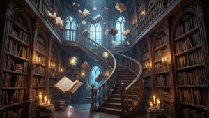 Rendering 3D incantevole di una biblioteca magica