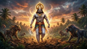 Koning Mahabali komt uit de grond tevoorschijn in een gloeiende etherische vorm bij zonsondergang