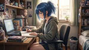 Anime-achtergrond van Mahiro die studeert in haar otaku-kamer.