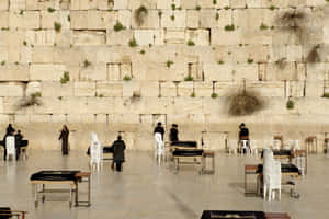 People praying at the Western Wall with white chairs and prayer tables. — Wailing Wall Picture