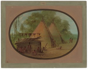Making Flint Arrowheads - Apachees by George Catlin, created 1855/1869, in oil on card mounted on paperboard. Download this artwork as a high-resolution wallpap — George Catlin Wallpaper