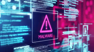 A pink malware warning symbol on a digital screen surrounded by code.