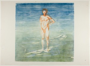 Man Bathing by Edvard Munch, created 1899, in Color woodcut from two blocks on grayish ivory card. Download this artwork as a high-resolution wallpaper for desk — Illustration Wallpaper