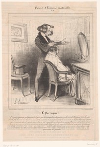 Man bij de kapper by Honoré Daumier, created 1838, in paper; lithography. Download this artwork as a high-resolution wallpaper for desktop, tablet, or mobile. — Honoré Daumier Wallpaper