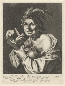 Man eet van verse ham by Cornelis van Dalen (I), created 1612 - 1665, in paper; engraving. Download this artwork as a high-resolution wallpaper for desktop, tab — Cornelis van Dalen (I) Wallpaper
