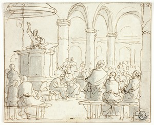 Man Preaching to Congregation by Jan Luyken, created n.d., in Pen and brown ink, with brush and gray wash, on ivory laid paper. Download this artwork as a high- — Illustration Background