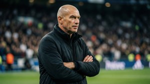 Zinedine Zidane no seu papel de treinador, a supervisionar um jogo noturno com foco intenso.