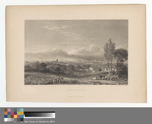 Manchester by Thomas Higham, in Line engraving on medium, slightly textured, cream wove paper. Download this artwork as a high-resolution wallpaper for desktop, — Art Picture