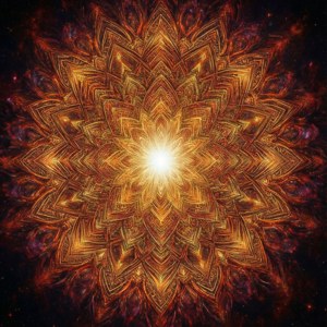 Une supernova symétrique de style mandala avec des motifs or, orange et cramoisi