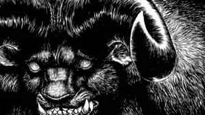 Close-up of a horned beast with glowing eyes and bared fangs in black and white illustration. — Tokyo Anime Picture