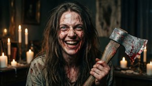 Samara Weaving lachend met een bebloede bijl in een met kaarsen verlichte kamer, psychologische horror.