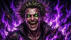 Raizen laughing maniacally with demonic flames and chaotic energy
