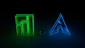 Neon green and blue geometric shapes with a reflective sphere on dark surface. — Manjaro Picture