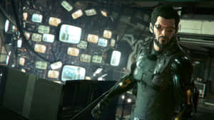 Cyberpunk warrior in dark armor stands before wall of glowing TVs in control room.