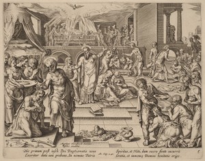 Many are Baptized by Philips Galle, in engraving. Download this artwork as a high-resolution wallpaper for desktop, tablet, or mobile. — Philips Galle Wallpaper