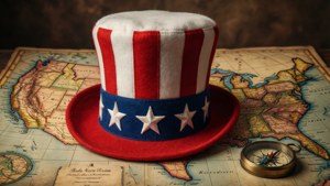 En Uncle Sam-hat på et vintage amerikansk kort med et kompasros, der vækker opdagelseslyst.