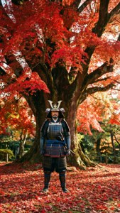 Ritratto di samurai sotto un acero rosso in autunno