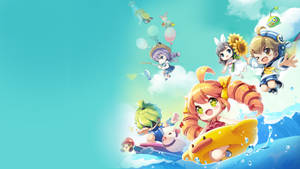 Anime kids playing in water with balloons and sunflowers on a sunny day.