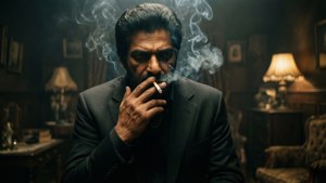 Irrfan Khan dans le rôle de Maqbool dans une scène sombre, style noir, avec de la fumée.