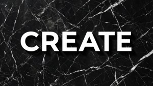 Carta da parati moderna in marmo nero strutturato con citazione 'CREATE' in bianco audace centrata, stile artistico