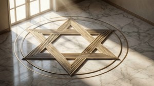 Ein geometrisches Davidstern-Muster auf Marmorboden in weichem Licht.