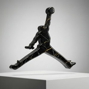 Un logo 3D luxueux de Jordan en marbre noir avec des veines dorées, éclairé en studio.