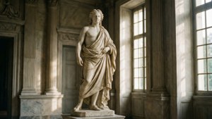 Ein ruhiges neoklassisches Porträt der Jean-Baptiste Lemoyne II Statue, gebadet in weichem Fensterlicht.