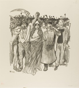 March 18 by Théophile-Alexandre Pierre Steinlen, created 1894, in Lithograph printed in black with 5 stenciled colors (blue, green, gold, red and tan) on cream — Illustration Wallpaper