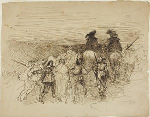 Marching Troops by Jules Jacquet, created 1874, in Pen and brown ink on tan laid paper. Download this artwork as a high-resolution wallpaper for desktop, tablet — Jules Jacquet Wallpaper