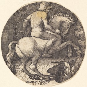 Marcus Curtius by Master IB, created 1529, in engraving. Download this artwork as a high-resolution wallpaper for desktop, tablet, or mobile. — Master IB Wallpaper
